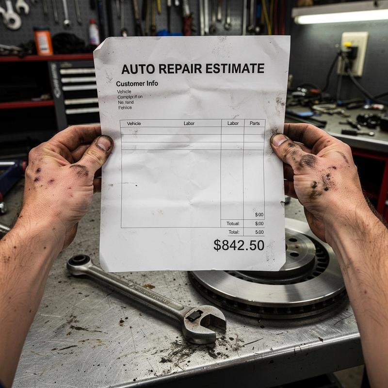 Printed KOLO repair estimate held over a workbench with a torque wrench beside it