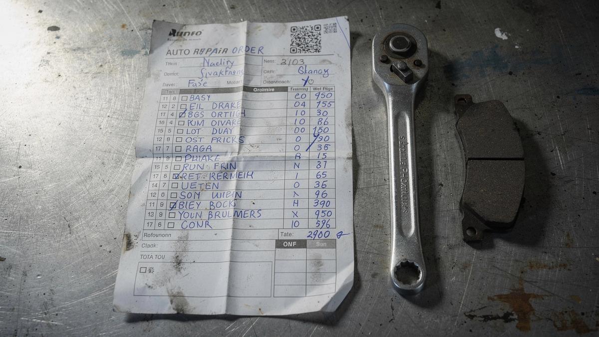 Handwritten repair order sheet on a workshop bench beside a torque wrench and brake pads