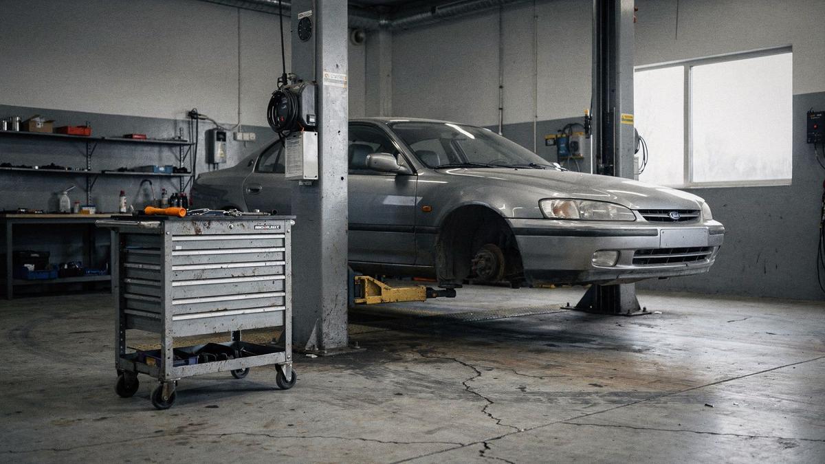 Car raised on a two-post lift inside a workshop bay, with a tool cart beside it